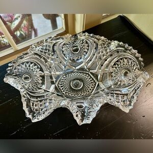 ANTIQUE, IMPERIAL GLASS, LEAD CRYSTAL CENTERPIECE BOWL WITH FLUTED SAWTOOTH RIM.